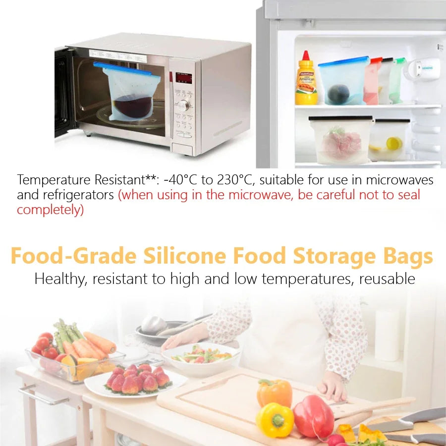 1000ml Reusable Silicone Food Grade Storage Bag Lunch Sandwich Snack Liquid Lunch Fruit Freezer Zip Seal Bags 4 Colors