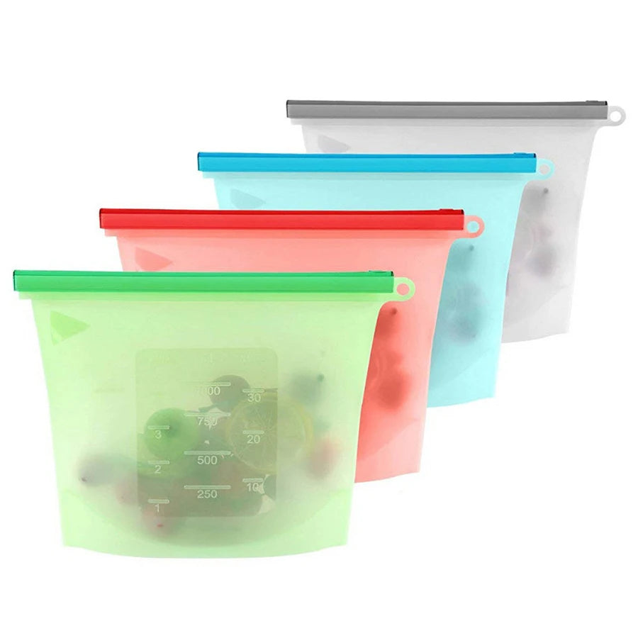 1000ml Reusable Silicone Food Grade Storage Bag Lunch Sandwich Snack Liquid Lunch Fruit Freezer Zip Seal Bags 4 Colors